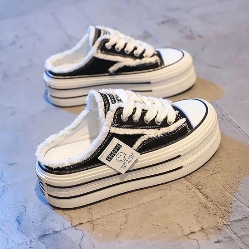 Women's Canvas Half Slippers Breathable Casual Sneakers for Women Platform Vulcanize Shoes Comfort Slip On Loafers Zapatos Mujer