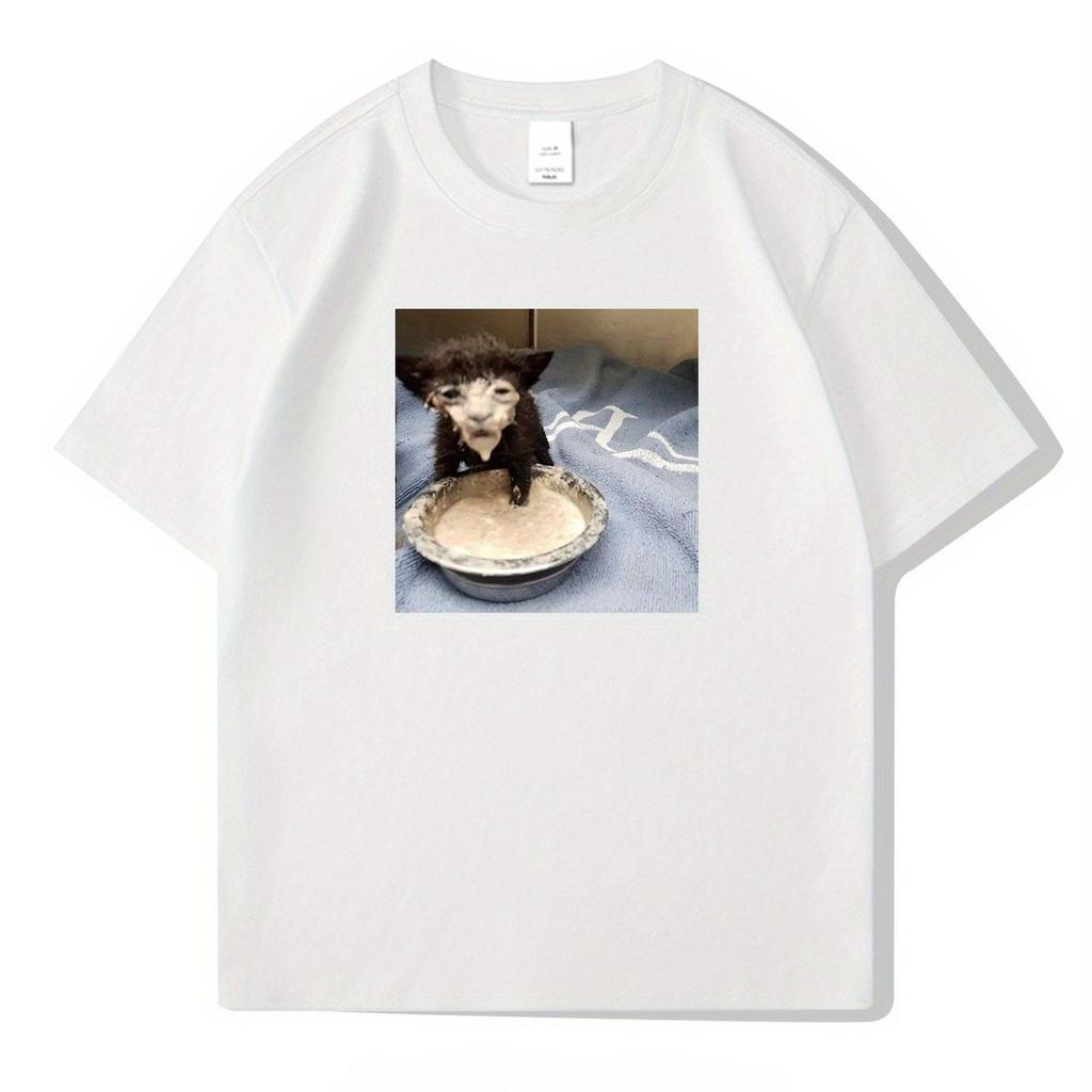 Men Cotton Short Sleeve T-Shirt with Cute Kitten Ice Cream Cartoon Print Summer Round Neck Tee Machine