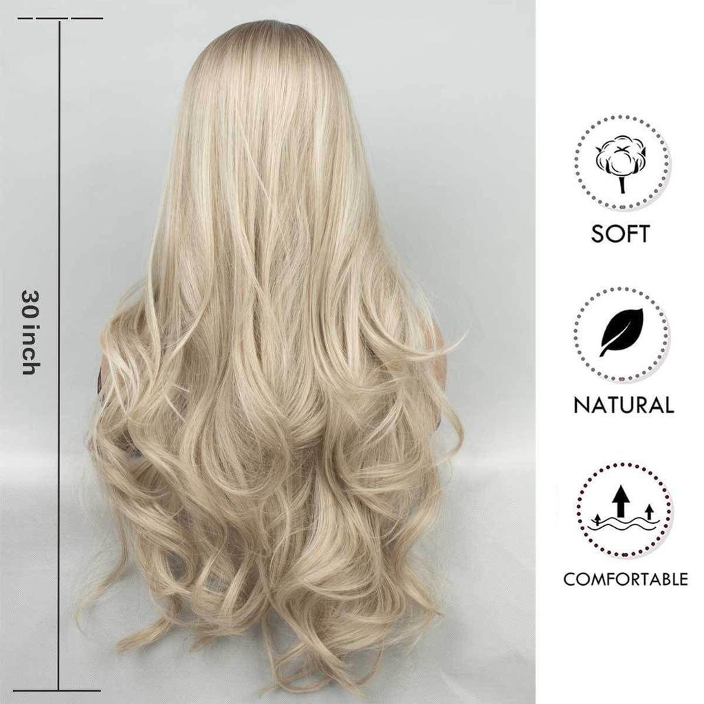 Módní a elegantní dlouhé kudrnaté vlasy ve francouzském stylu pro ženy bez ofiny, dělená paruka, zlatý přechod, středně dlouhý až dlouhý styl, denní paruka
