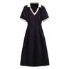 Polo Dress Female Summer V-neck Short Sleeve Mid-Calf Length A-LINE Casual Sweet Stitch Korean Version College Style
