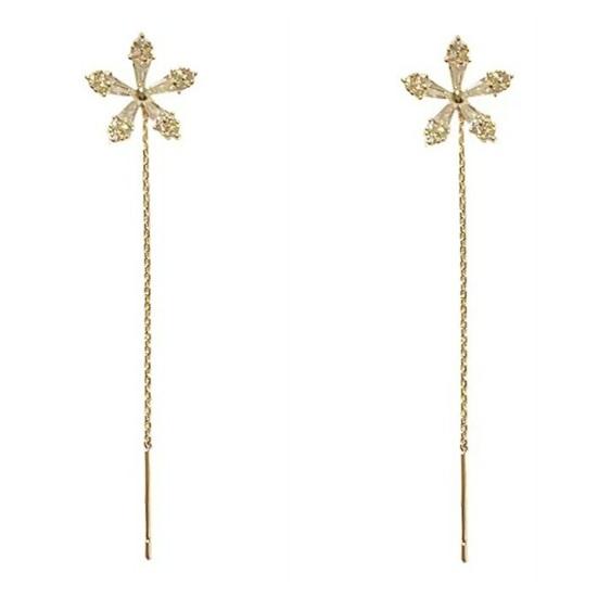 1 Pair Women Earrings Linear Earrings Long Tassel Flower Shape Shiny Cubic Zirconia Stainless Exquisite Ear Decoration Jewelry Lady Prom Party