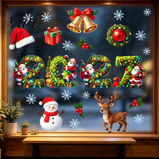 PVC Window Stickers 2027 Merry Christmas Cling, Santa Snowman Reindeer Glass Door Sticker, Clings Static Decal for Living Room Bedroom New Year