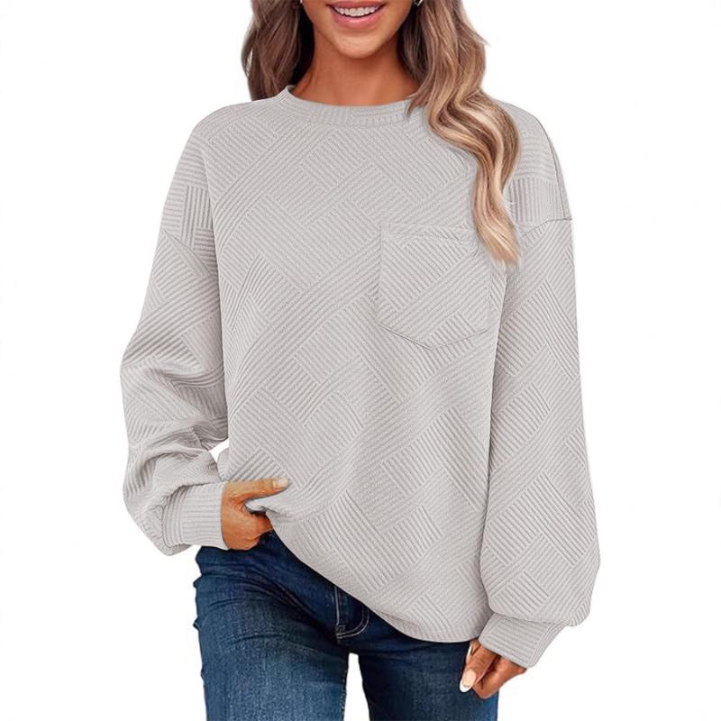 Women's Knit Jacquard Long Sleeve Crew Neck Chest Pocket Sweatshirt Casual Fashion Loose Versatile Pullover Hoodie