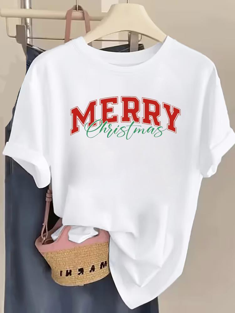 (Asian Size) Printing Truck Trend Women Fashion Festival New Year T Shirt Christmas Clothing Tee Top Print Woman Short Sleeve Graphic T-shirts