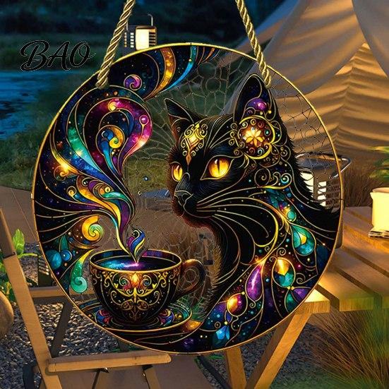 Decorative Craft Board Tag Moon Cat Halloween Window Hanging Decor, Mystical Black Round Sign Door Plaque for Indoor Outdoor Wall Art, Gothic