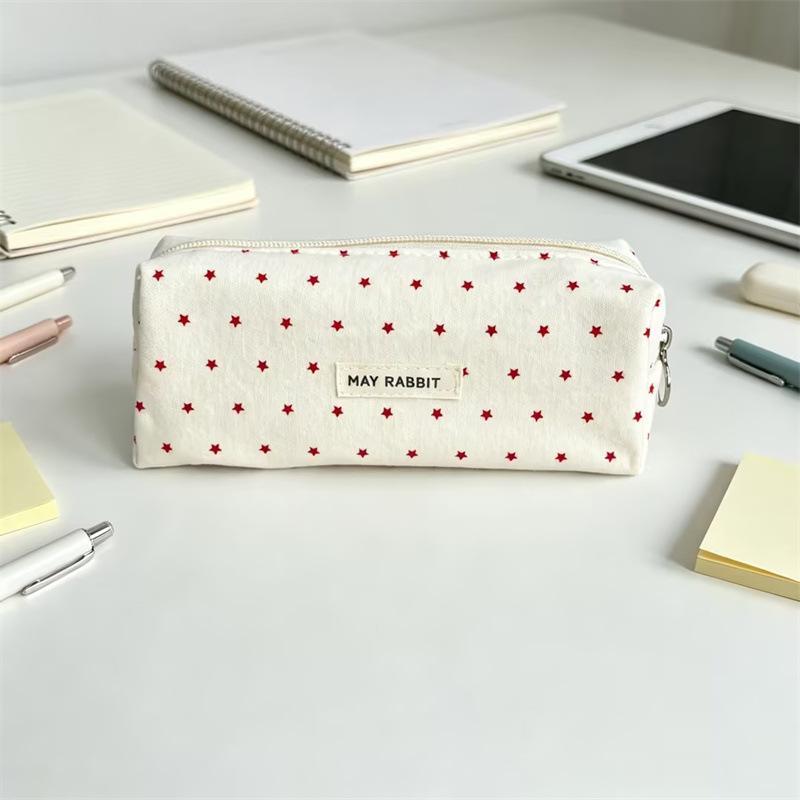 1Pcs Large-Capacity Soft Touch Pen Bag Korean-Style Polka Dot Design Pencil Case Stationery Pouch Stationery Organizer