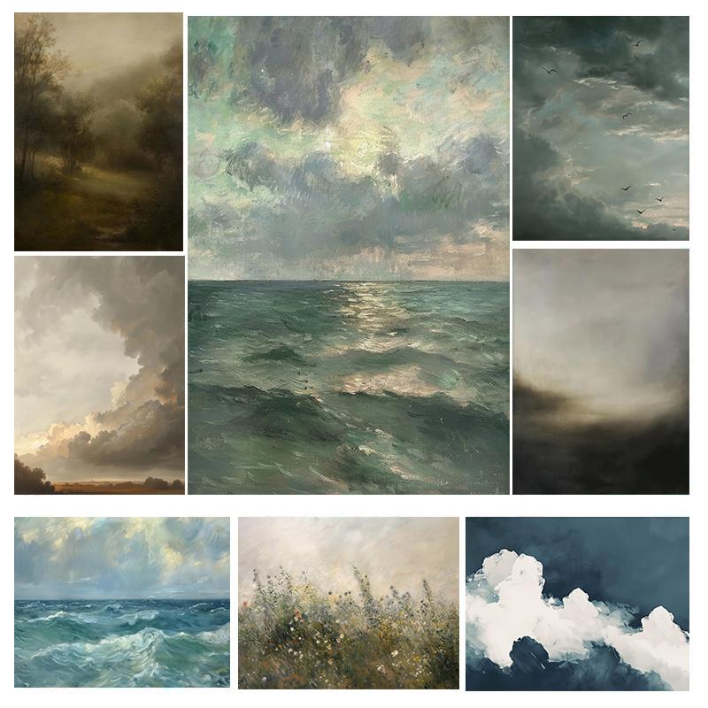 Poster d'Arte Paesaggio Nuvole Vintage Cielo Malinconico Piante Foresta Stampe Moderne Pittura su Tela Quadri da Parete Arredamento Soggiorno Casa