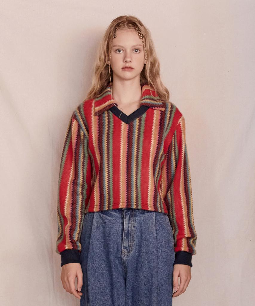 Pabeleupinggeo Open Collar Stripe Knit (Red)