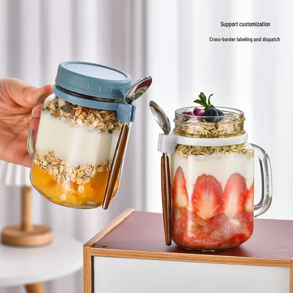 Oat Glass Cup with Spoon and Lid, Portable Handle Breakfast/Milk Jar