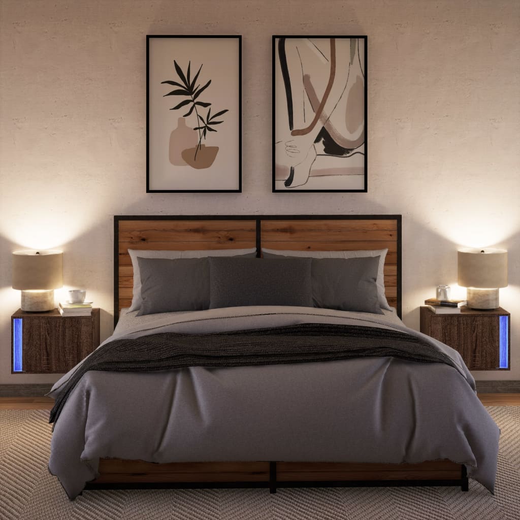 Vidaxl Hanging Nightstands With LED, 2 Pcs, Brown Oak