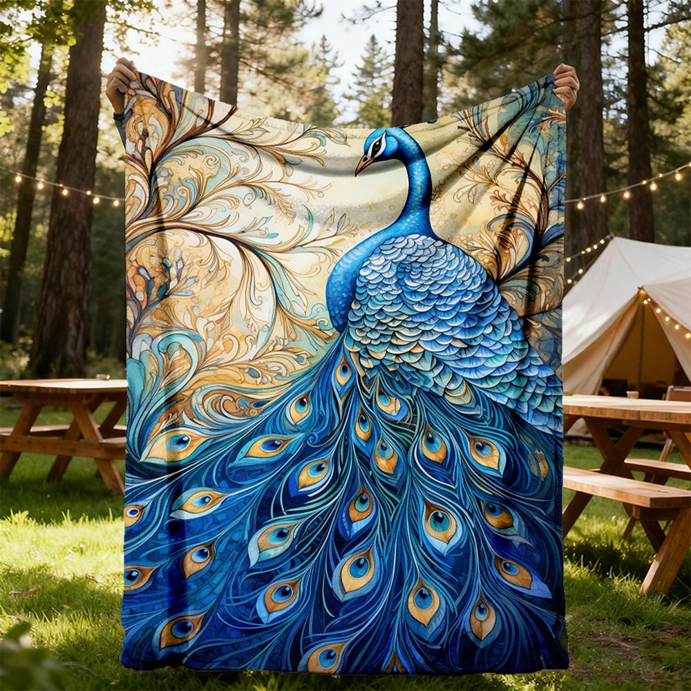 1pc Peacock Feathers Flannel Blanket, Comfortable and Warm Blanket, for Camping Sofa Bed and Couch Office026