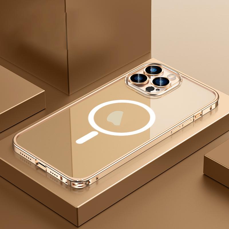 Capa magnética para iPhone 11 12 13 14 Pro Max Capa traseira Magsafe transparente para iPhone 13 Pro Max 12 Capa Moldura de metal Protetor de telefone Lente de vidro