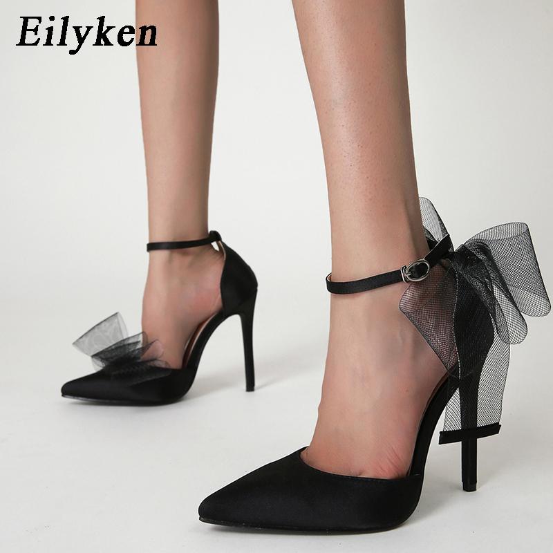 Fashion Eilyken New Style Pointed Toe Sandals Sexy Buckle Strap Cover Heel Women Spring Summer Mesh Butterfly-knot Wedding Pumps Shoes