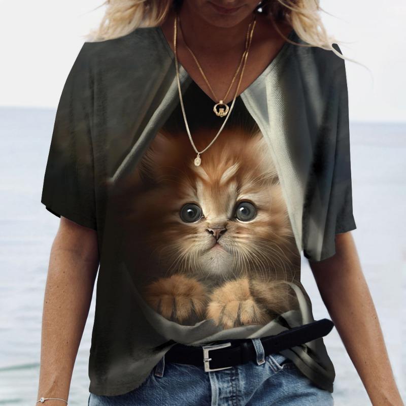 Dámské tričko Kawaii Cat Print 3D Tričko Top Dívčí Y2k Oblečení Léto Trička s krátkým rukávem Výstřih do V Ležérní Sváteční Dámské tričko