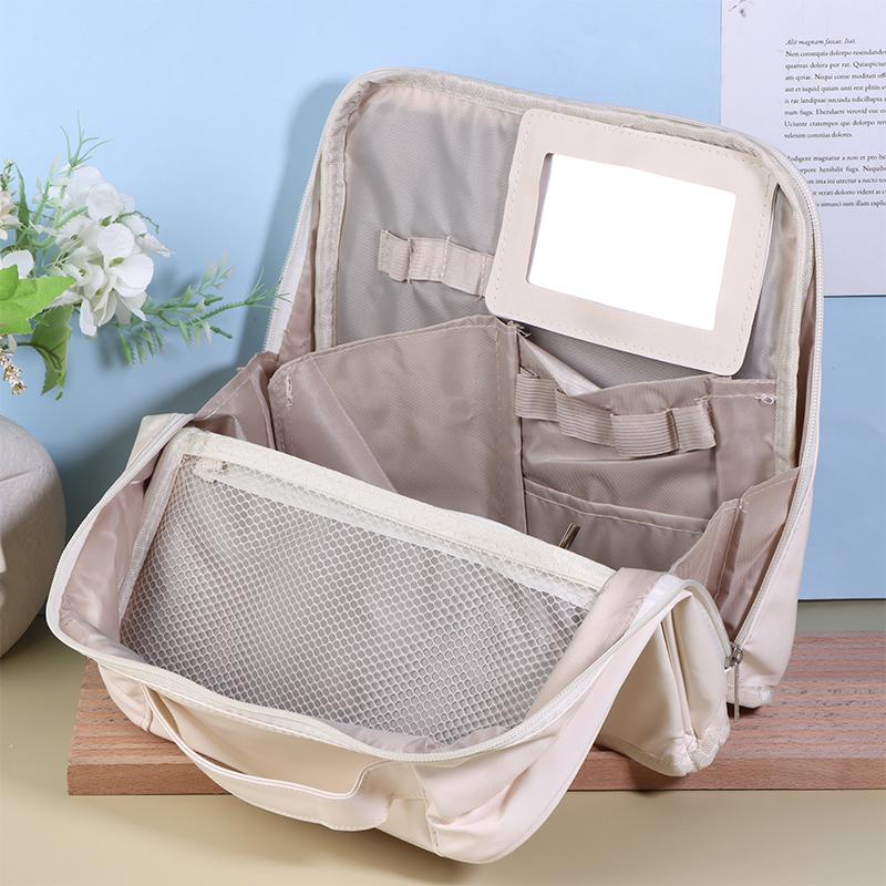 Portable Standing Makeup Bag Large Capacity Travel Handbag Women'S Organizer Simple Pen Bag Business Style Pu Material