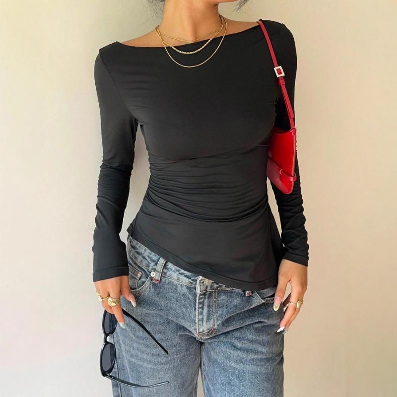 Women's Lace Patchwork Back Bow Irregular Blouse Women Slim Fit Long Sleeved Shirt Black Sexy Short Top Fashion Elegant Spring Summer Street Clothing