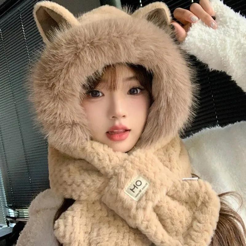 Chapeau à oreilles de renard pour femme 2024 Nouveau mignon en peluche automne et hiver polyvalent mode écharpe une pièce chapeau