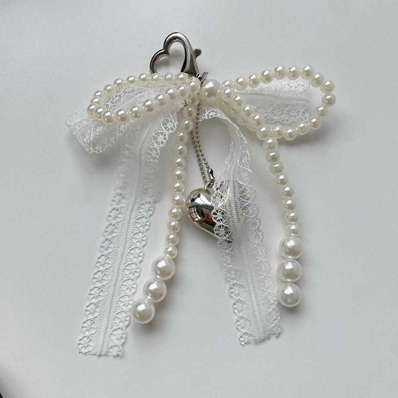 1Pcs Sweet Lace Bow Beaded Bow Keychain Phone Charm Strap Pendant For Phone Accessories Bag Hanging Cord For Women Girl