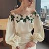 Spring Autumn Mesh Patchwork Satin Blouse Elegant Embroidered Shirt O-neck Tops Long Lantern Sleeve Womens Clothes 24976