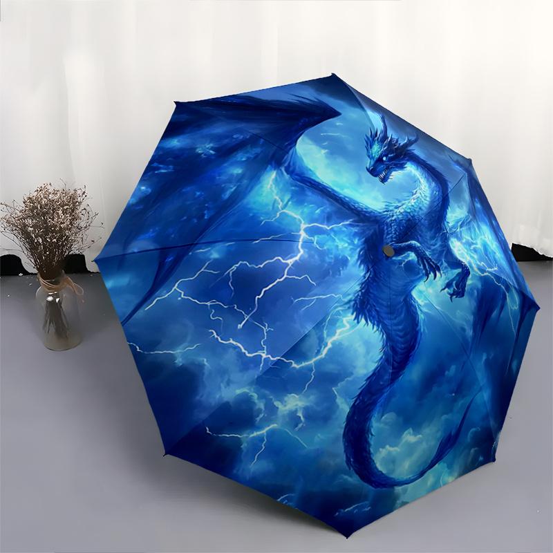1pc Blue Dragon Lightning: Automatic Opening/Closing Umbrella with Portable Tri-Fold Design, 8-Bone Iron Frame, Outdoor, for Fans, Travelers, Dai