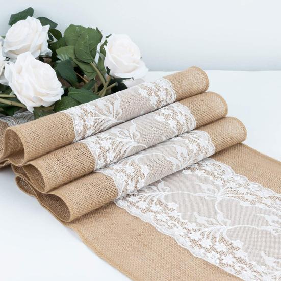 Lace Lace Burlap Table Runner, Rustic Natural Jute Table Runner, Farmhouse Hessian Tablecloths for Vintage Country Wedding Birthday Thanksgiving