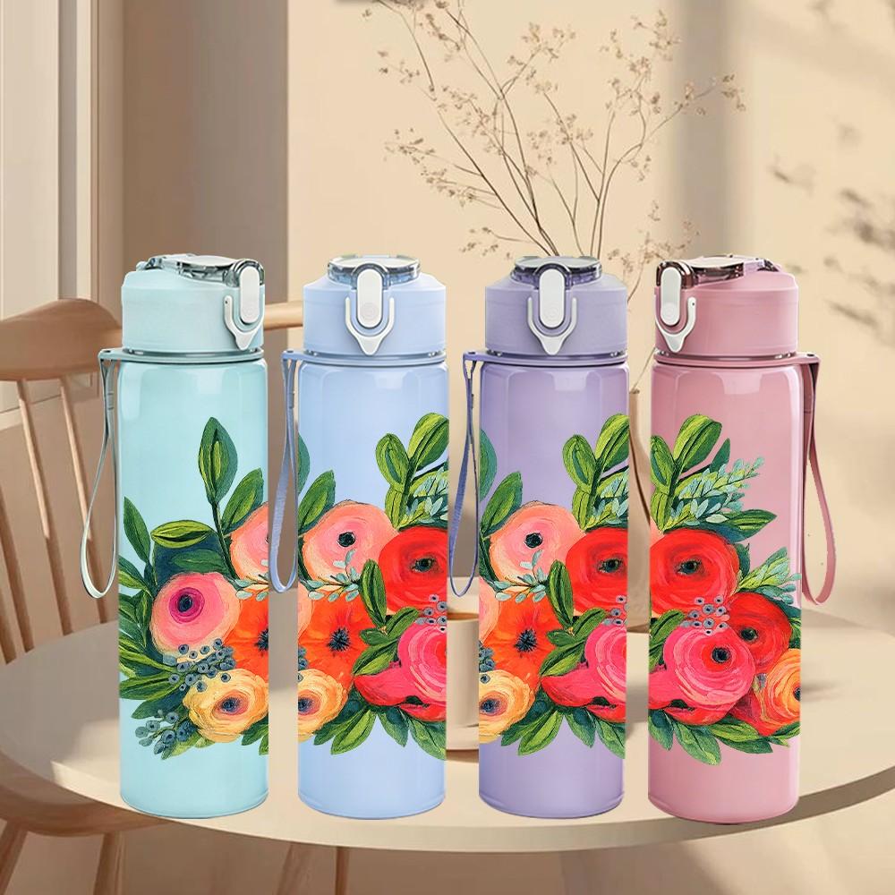 1PC Red Poppy Green Leaf Floral Print 750ml Color Plastic Sports Water Bottle Leakproof Flip Straw Lid Suitable for Sports Office Home Use