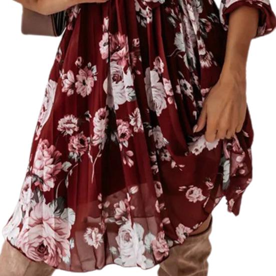 Pleated Flowy Hem Midi Dress Floral Print Sweet Elastic Waist V-Neck Casual Dress Streetwear