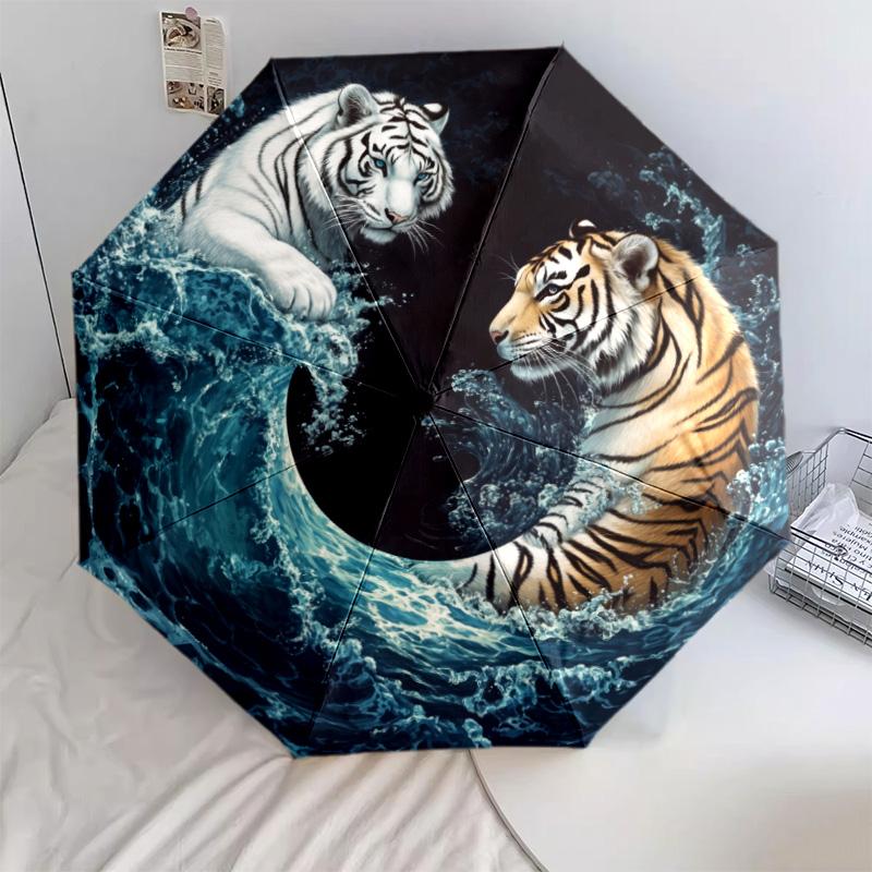 Parapluie pliant automatique motif Tigre Féroce, design portable et pliable, 8 baleines, un cadeau de Noël ou d'anniversaire.