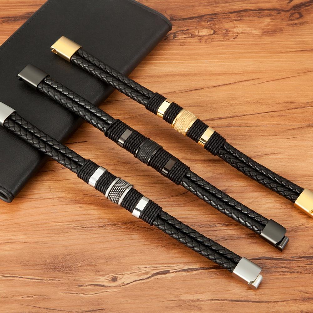 Gevlochten Leer Touw Wikkelen Speciale Stijl Klassiek Roestvrij Staal Heren Leer Armband Dubbele Laag Ontwerp