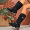 Modische Stiefeletten mit runder Spitze und quadratischem Absatz in Übergröße für Herbst und Winter, neue Metallschnallen und Damenstiefel bis zur Mitte der Wade zum Ausgehen