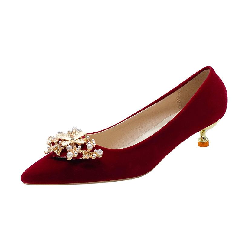 Red High Heels Women's Thin Heels Pointed 3 Cm Shallow Mouth Single Shoes Bridesmaid Bride Wedding Banquet Not Tired Feet High Heels Women