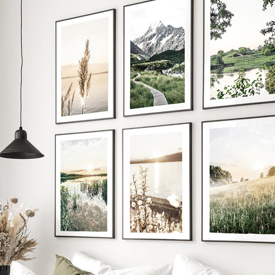 Pintura em tela de parede com junco e montanha nevada, primavera, dente-de-leão, pôsteres e impressões nórdicas, imagens de parede para decoração de sala de estar