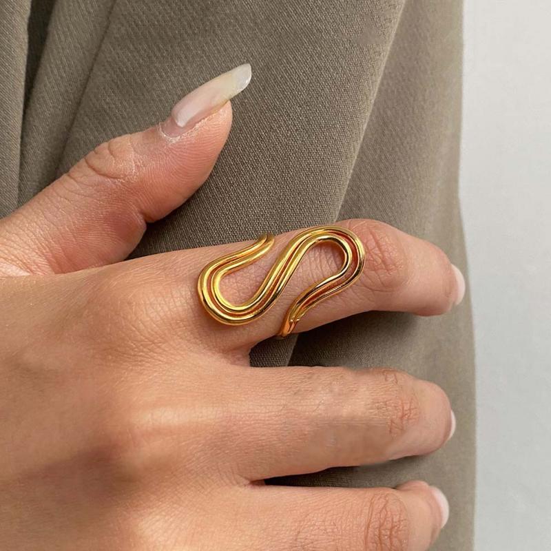 Stainless Steel Unique Double S-Shaped Opening Rings for Women Men 18K Gold Color Stylish Anti Allergenic Waterproof Jewelry