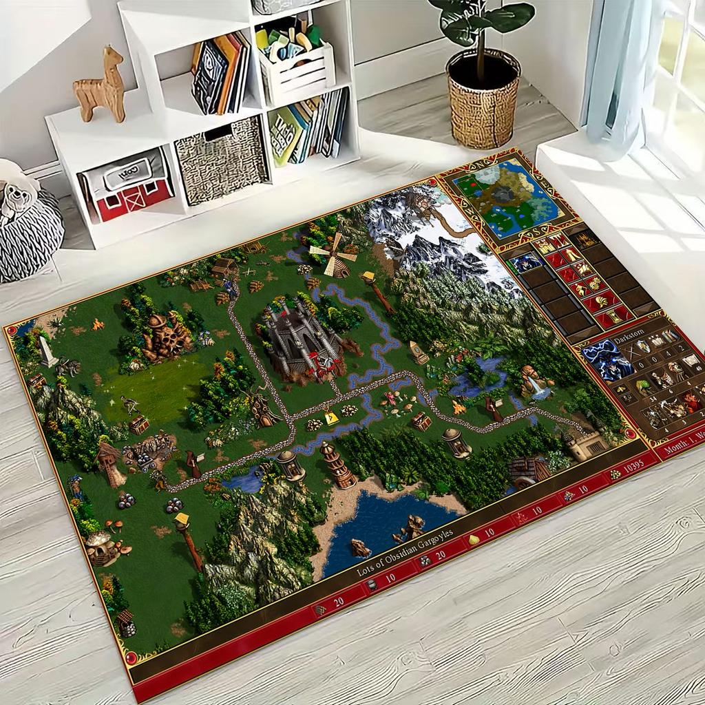 Retro Heroes of Might and Magic Karten Spiele Kunst Teppich für Schlafzimmer Wohnzimmer Sofa Zuhause Fußmatte Dekor, Große Kinder Rutschfeste Bodenmatte