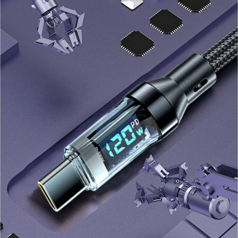 120W USB to Type C Data Cable LED Display 100W Dual USB C Fast Charging Data Cord 1/1.5/2M Portable PD Fast Charge Line For Home