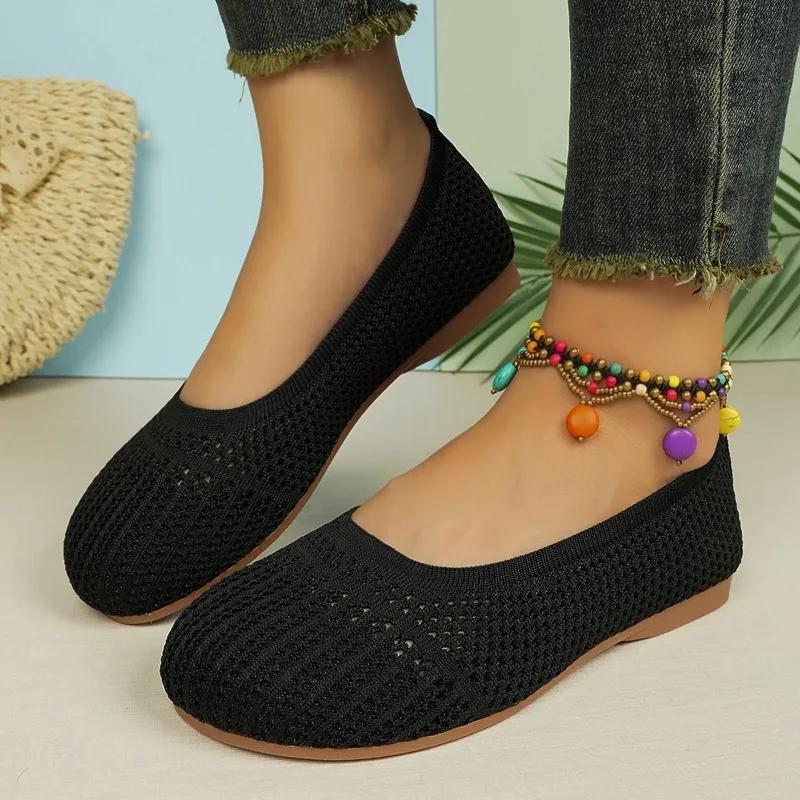 Flat Shoes 2024 New Spring, Summer and Autumn Casual Knitted Breathable Shallow Mouth Fashion Flat Shoes for Women Zapatos