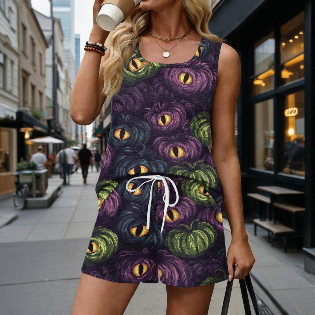 Women Sleeveless Tank Top and Shorts Set Vintage Floral Print Square Neck Casual Summer Two Piece Outfit with Pockets and Drawstring Waist