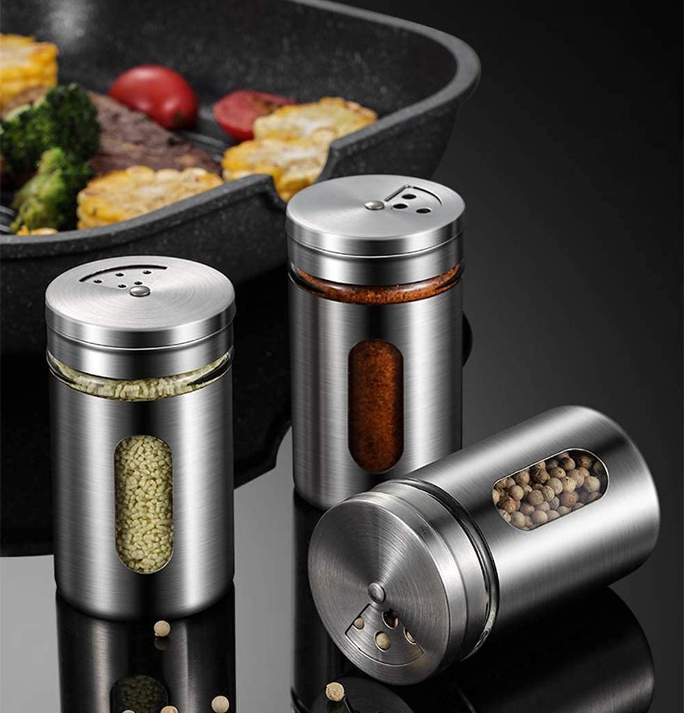 Morningplace Edelstahl Gewürzdosen, Gewürzglas-Set mit Salz-, Pfeffer- und Zuckerstreuern, Perfekt für die Küche (6er Set)