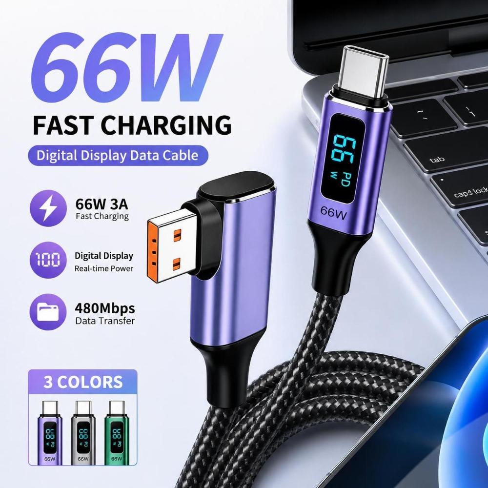 Real-Time Display USB-A to USB-C Cable 66W Fast Charging Digital Display Cable Tablet Charging