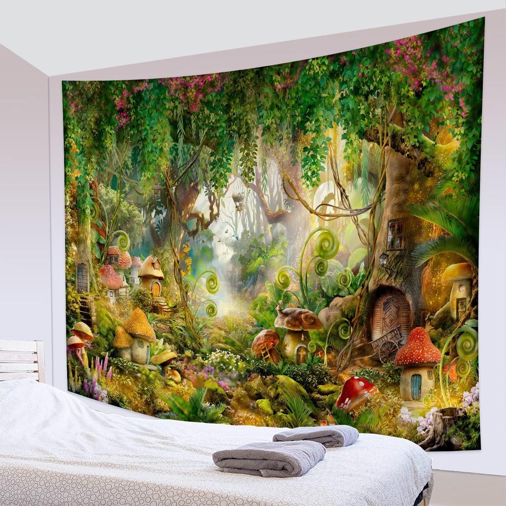 Fantasy Wald Wandteppich Verzauberter Pilz Magischer Wandteppich Märchen Wunderland Baumhaus Wandteppiche Wandbehang Kunst Für Kinder