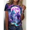 Two Wolves Print Crew Neck T-Shirt, Casual Short Sleeve Top For Spring & Summer, Women's Clothing