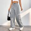 Damen Cargohose Elastischer hoher Bund Verstellbarer Kordelzug Lange Hose mit mehreren Taschen Weites Beindesign Einfarbig Freizeithose