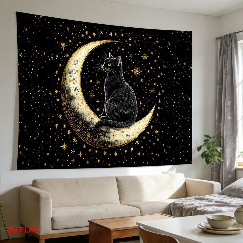 Wall Tapestry Mysterious Star Moon Black Cat Tapestry Black Gold Color Starry Sky Cat Printing Print Tapestry Hanging