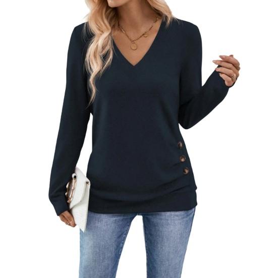 Women Tops V-Neck Long Sleeve Side Buttons Decor Casual Pullover Tops Solid Color Spring Autumn Blouse