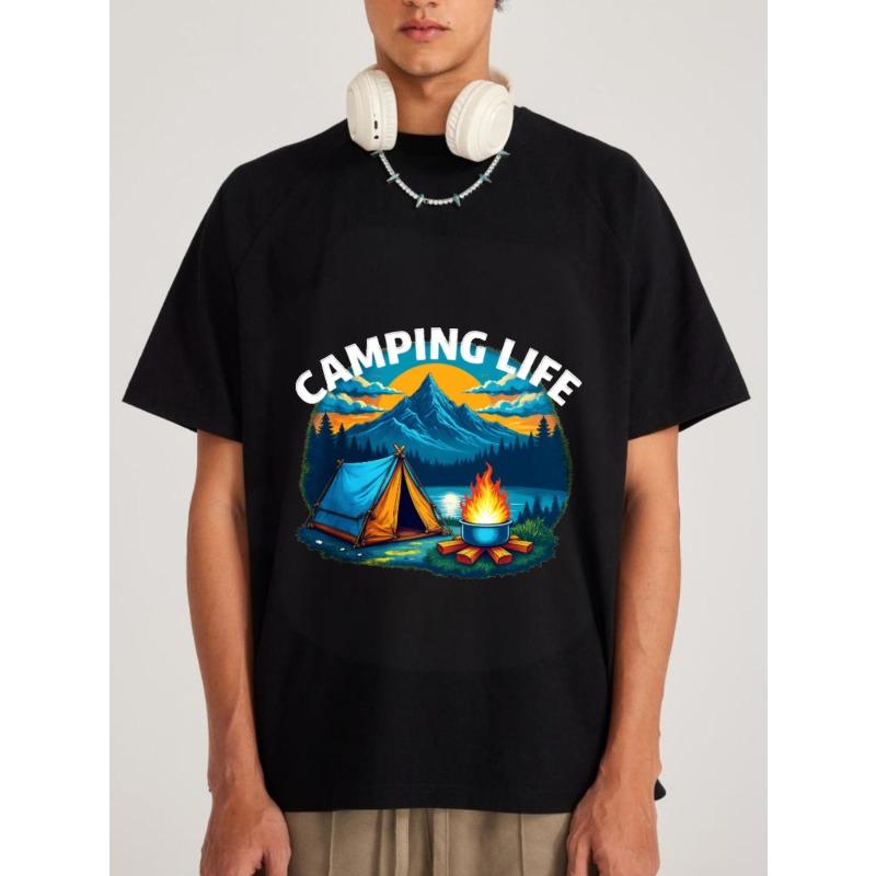 T-shirt Vie de Camping Tente Montagne Blanche Scène Feu de Camp Design Aventure en Plein Air pour Amoureux de la Nature Activités de Randonnée et de Camping
