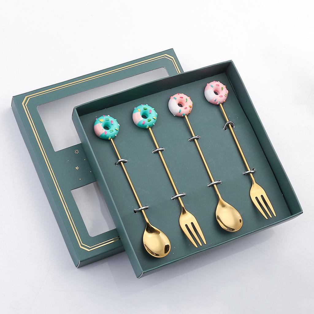 Leeseph Coffee Spoon Fork Set Stainless Steel Little Teaspoons Mini Donut Dessert Ice Cream Tea Sugar Stirrers for New Year Gift
