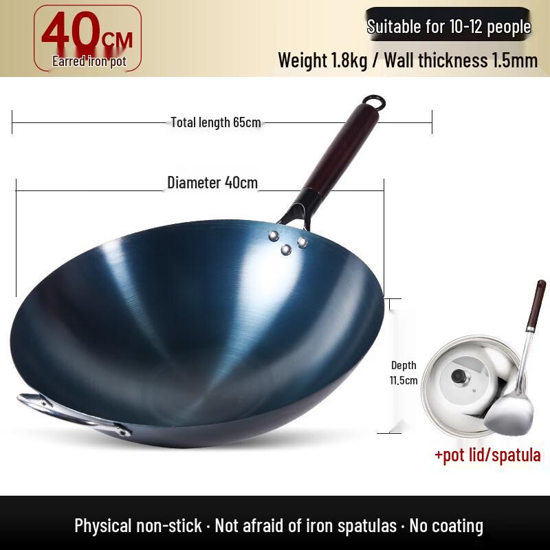 40CM Schmiedeeiserner Wok mit Deckel und Pfannenwender