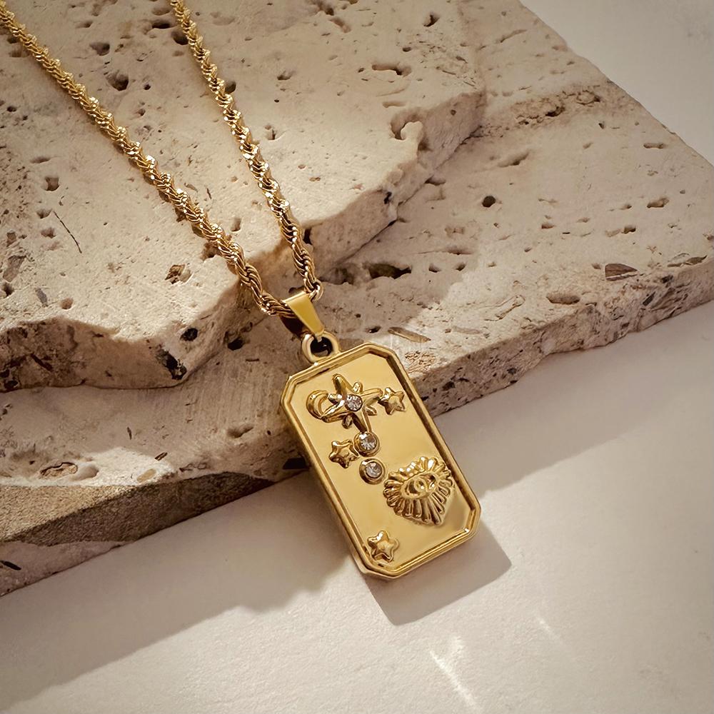 Vintage Glänzendes Vergoldetes Gehämmertes Unregelmäßiges Anhänger Halskette für Frauen Mond Stern Edelstahl Verdrehte Kette Halsketten Schmuck
