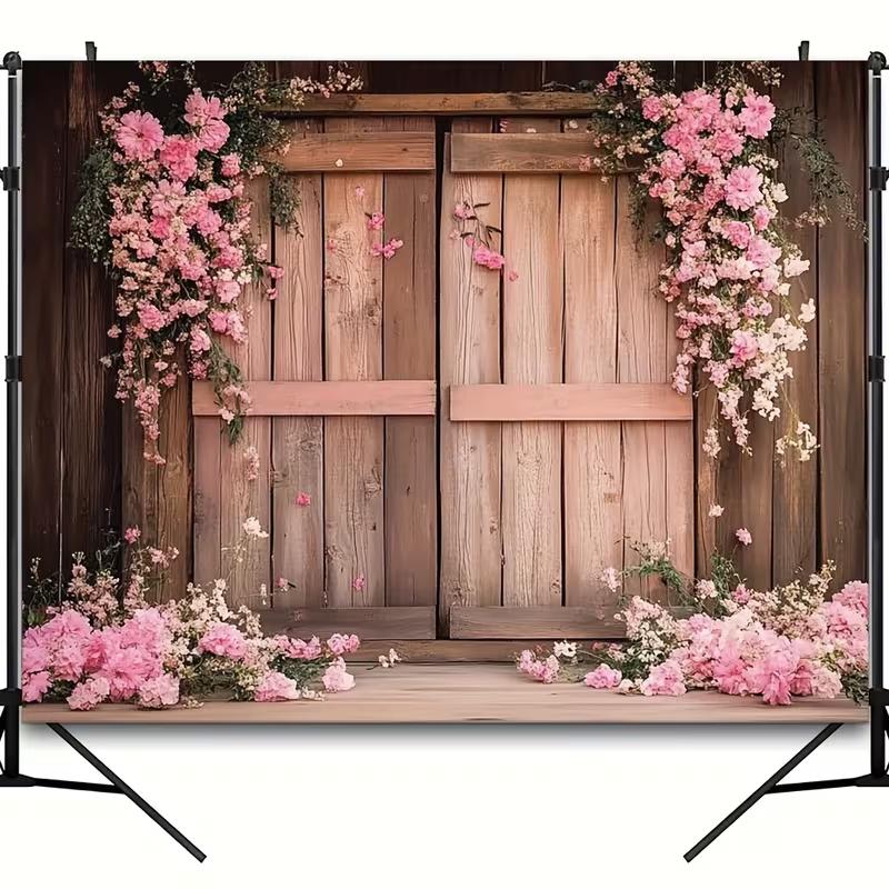 Rustic Pink Floral Barn Door Tapestry, Wedding Background Cloth, Party Backdrop