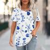Women's Pleated Round Neck Botanical Print Short Sleeve T-Shirt Top